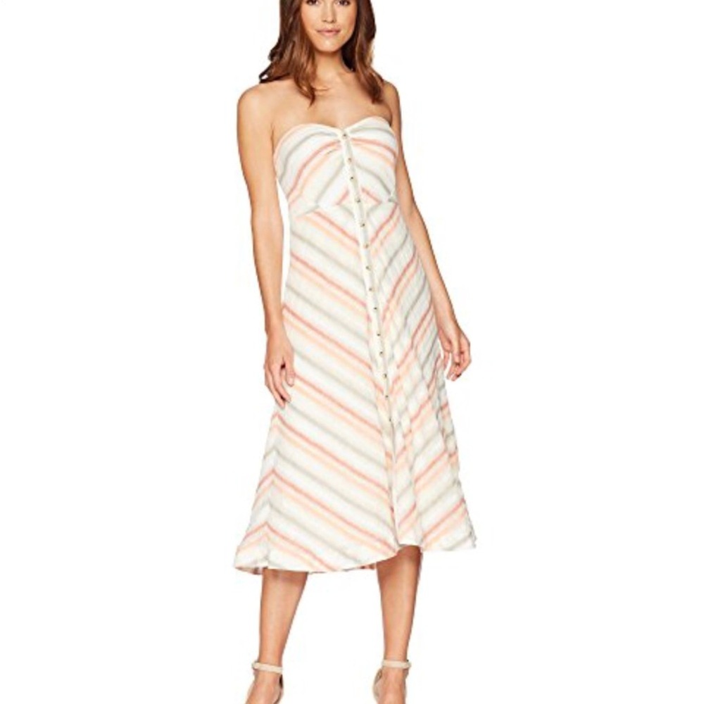 Free People Striking Striped Strapless Linen Midi Dress Medium Boho Coastal